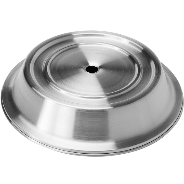 An American Metalcraft stainless steel satin finish plate cover with a hole in the center.
