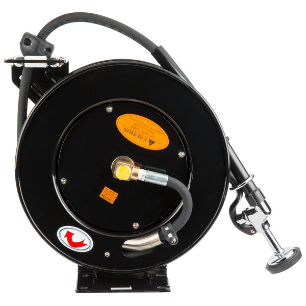A black and silver Equip by T&S hose reel with a hose attached.