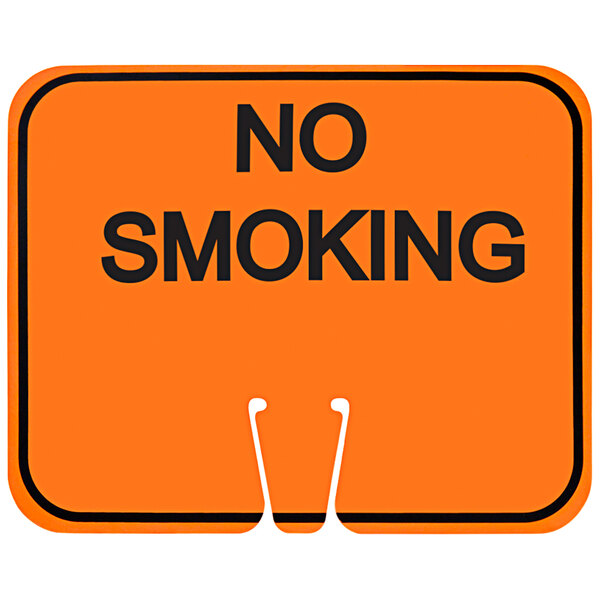 A close up of a Cortina orange and white "No Smoking" cone sign.