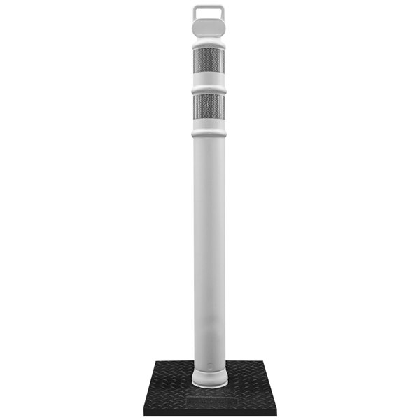 A white pole with a black base.