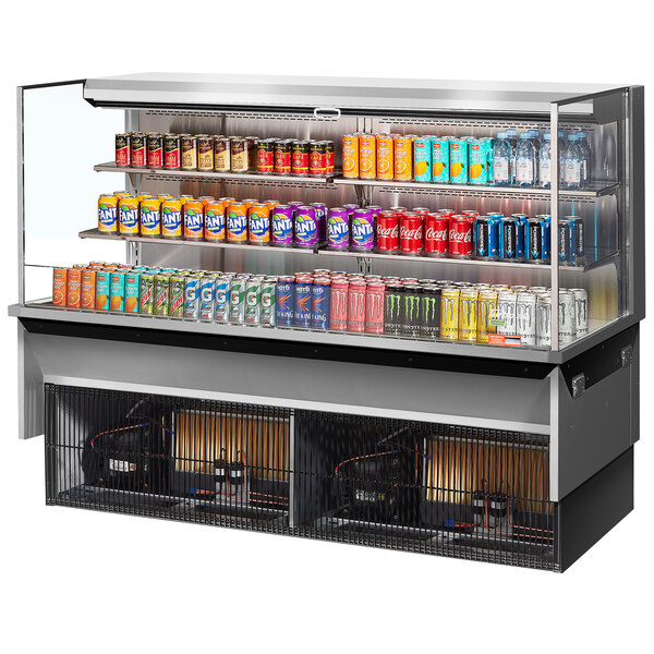 A Turbo Air drop-in refrigerated display case with drinks and beverages on shelves.