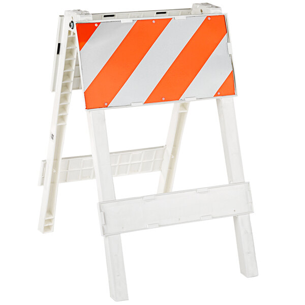 A white and orange Cortina Plastx construction sign on a stand.