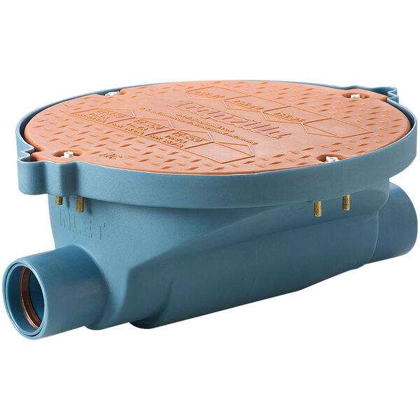 A blue and orange plastic box with a round lid, the Thermaco Trapzilla TZSP-40.