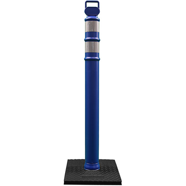 A blue pole with silver reflective bands and a black base.
