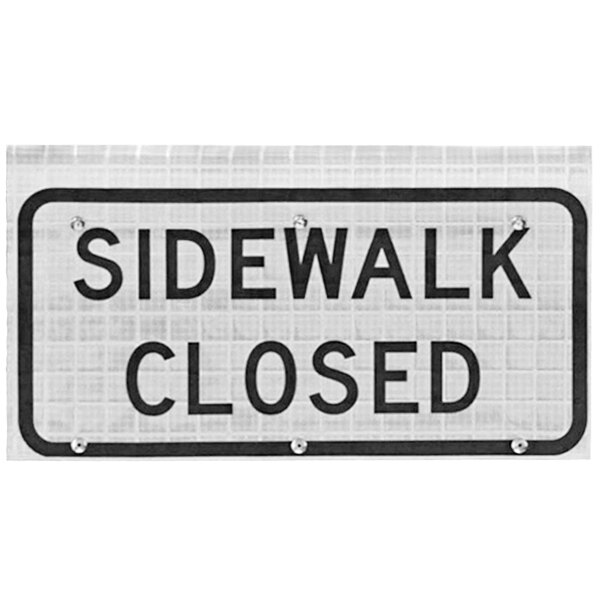 A white roll-up sign with black lettering that reads "Sidewalk Closed" on a white surface.