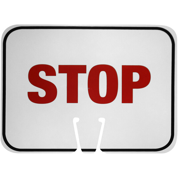 A white single-sided sign with "Stop" in red text.