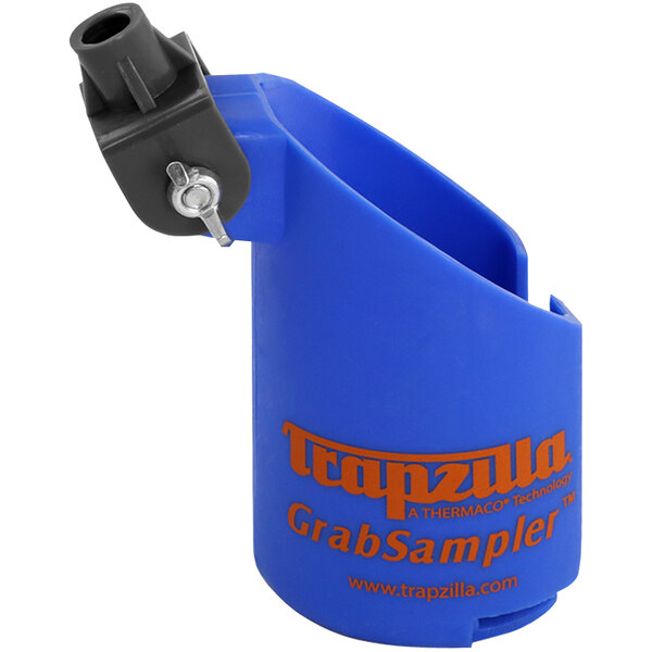 A blue and silver Thermaco Trapzilla GS-1 GrabSampler container with a black handle.