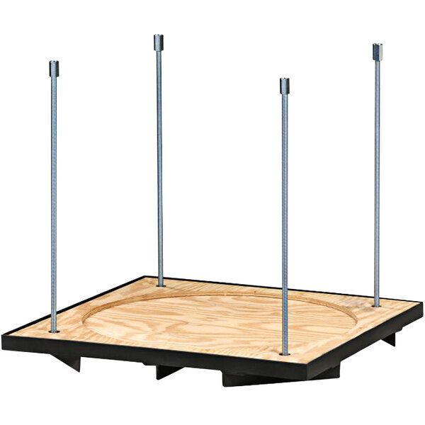 A wooden platform with metal rods on it.