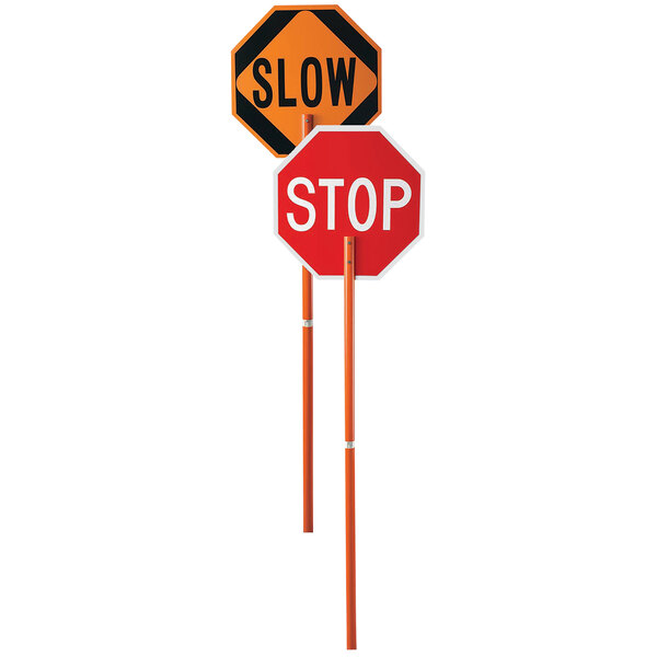 A close-up of a Cortina stop/slow paddle with two stop signs and the words stop and slow.