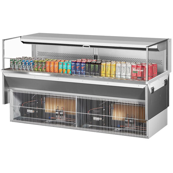 A Turbo Air drop-in refrigerated display case with energy drinks on it.