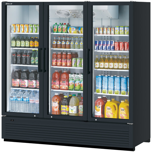 A Turbo Air refrigerated glass door merchandiser with drinks and beverages.