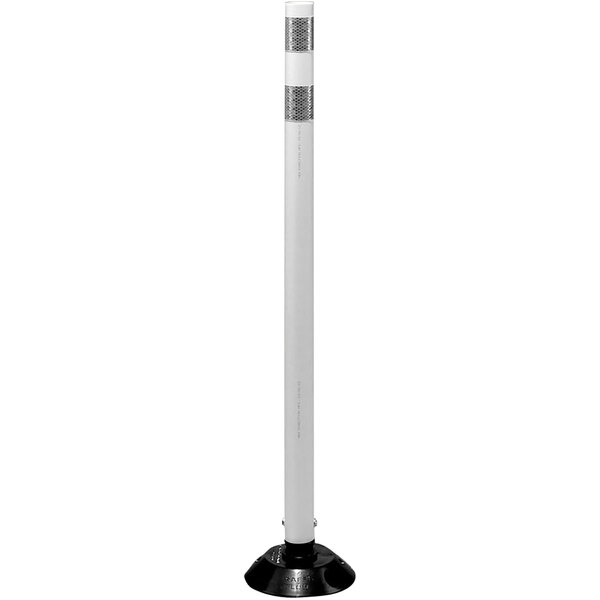 A white Cortina tubular marker post with a black base.