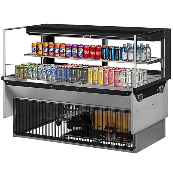 A Turbo Air drop-in refrigerated display case filled with drinks and cans.