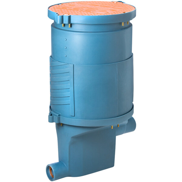 A blue plastic cylinder with an orange lid.