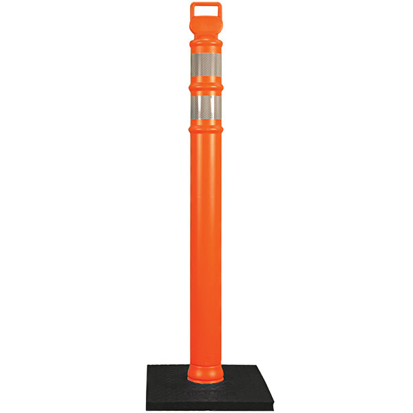 An orange Cortina flared delineator post with a black base.