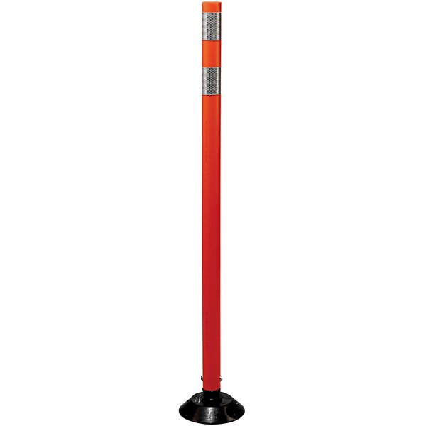 A red pole with a black base and silver reflective bands.