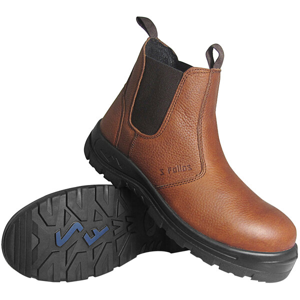 A pair of brown Genuine Grip leather work boots with a black sole.
