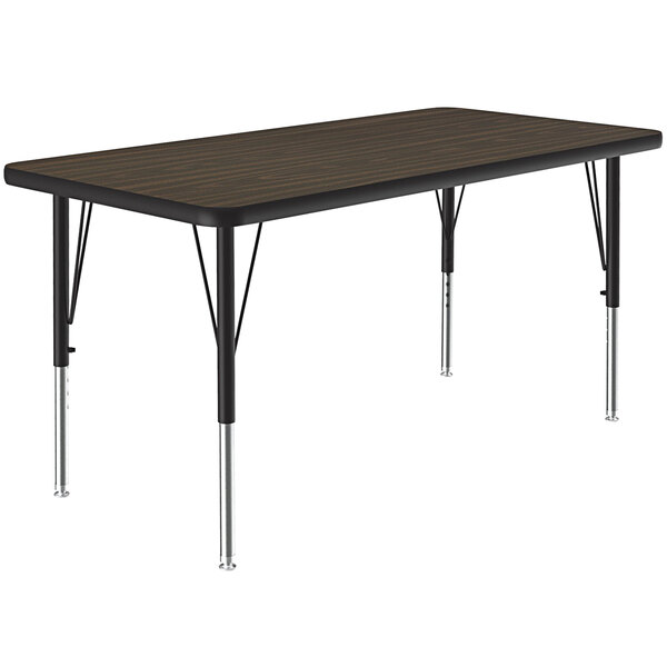 A rectangular Correll activity table with metal legs and a walnut brown top.