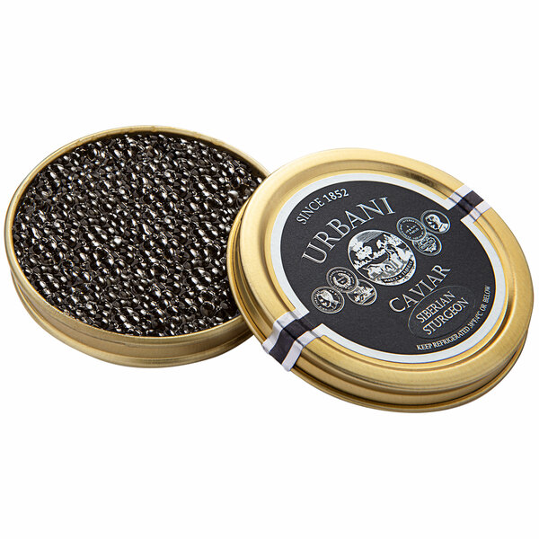 A round metal container of Urbani Siberian Italian Royal Caviar with black caviar inside.