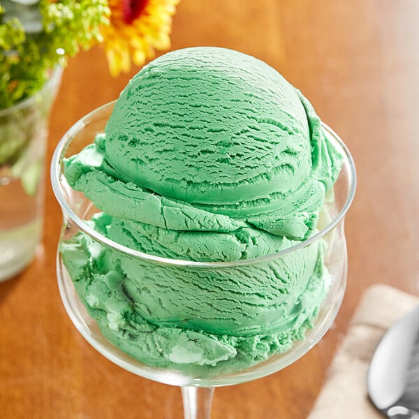 A bowl of green Oringer pistachio ice cream.