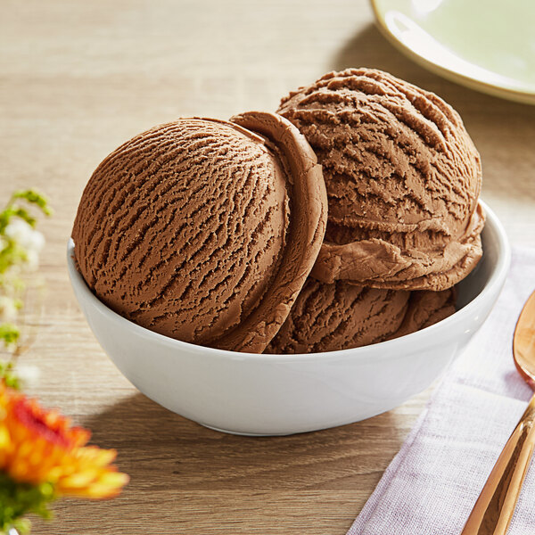 A bowl of chocolate ice cream with a spoon on a plate.