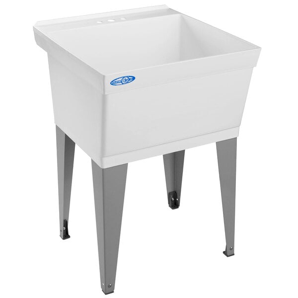 A white E.L. Mustee UTILATUB laundry tub with steel legs.