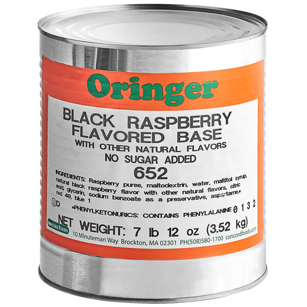 A #10 can of Oringer No Sugar Added Seedless Black Raspberry Hard Serve Ice Cream Base with a black label.