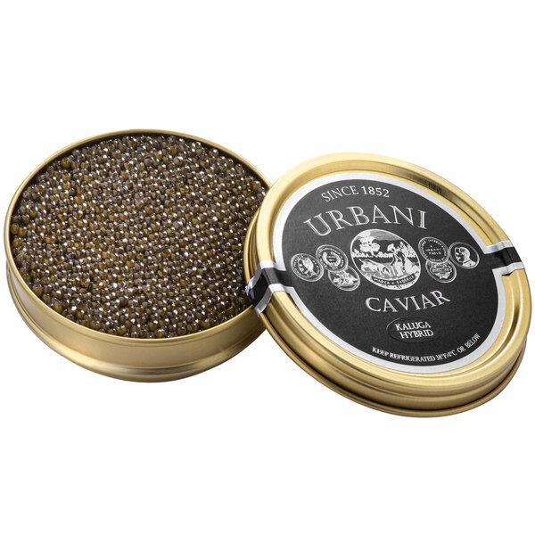 A black can of Urbani Hybrid Kaluga Caviar with gold and silver accents.