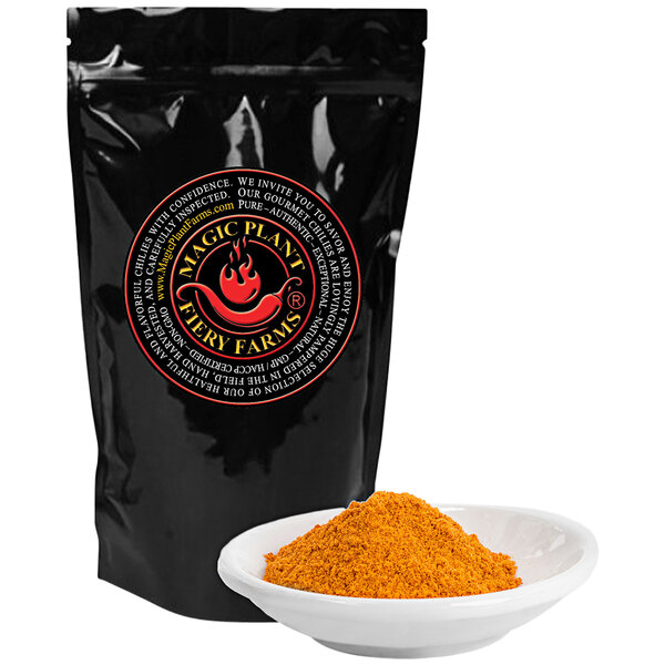 A black bag of Fiery Farms Red Sriracha & Carolina Reaper Pepper Powder with orange powder in a bowl.