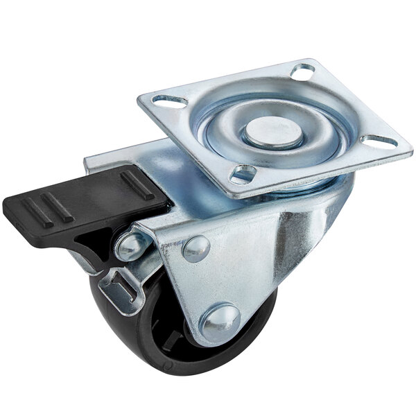An Avantco swivel plate caster with a black metal wheel and metal plate.