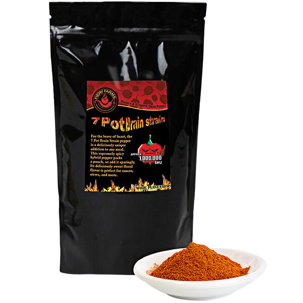 A black bag of Fiery Farms Red 7 Pot Brain Strain Pepper Powder with a bowl of red powder.