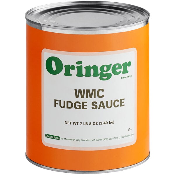 A white #10 can of Oringer WMC Bittersweet Fudge Dessert/Sundae Topping with a label showing orange fudge sauce.