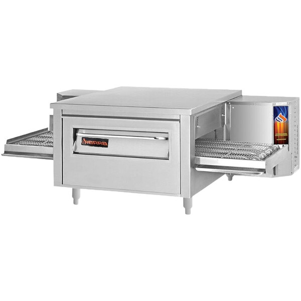 A Sierra Range stainless steel conveyor pizza oven on a counter.