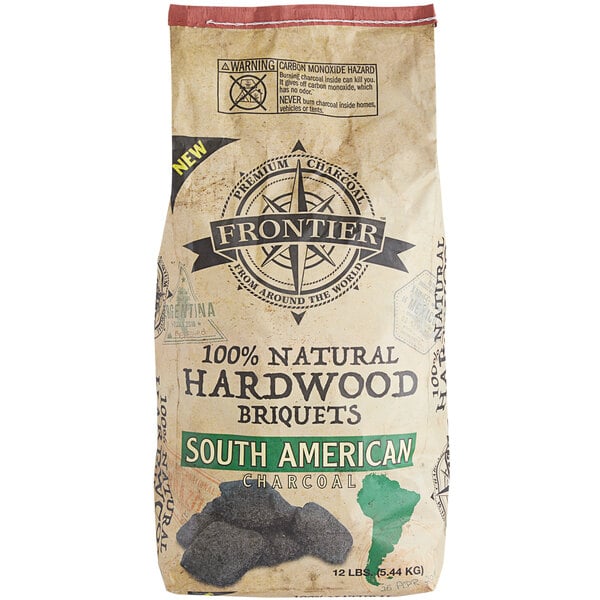 A bag of Frontier Hardwood Charcoal Briquettes.