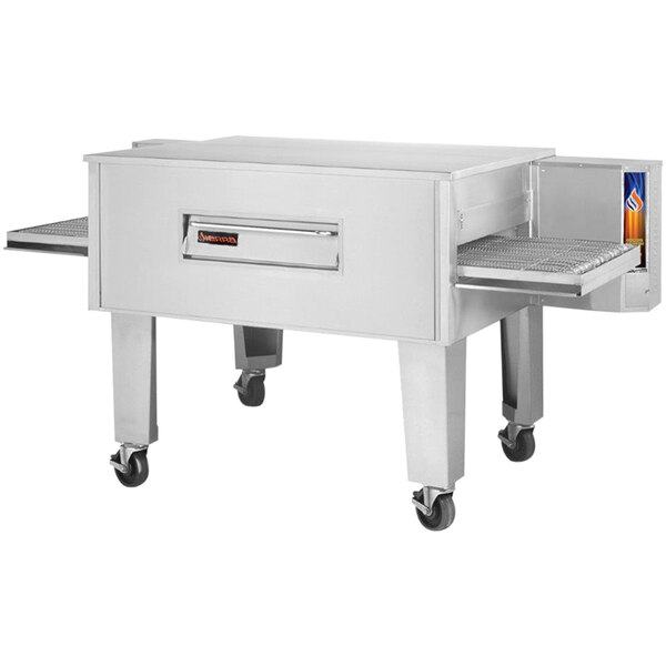 A large stainless steel Sierra Range conveyor pizza oven on wheels.