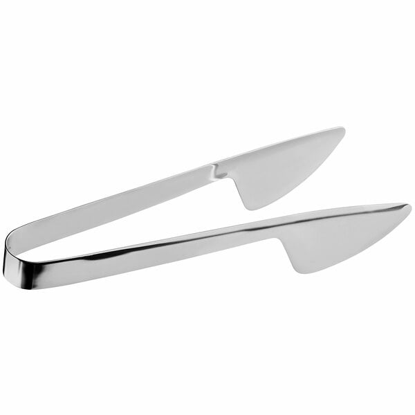 American Metalcraft Mirage stainless steel serving tongs with white background.