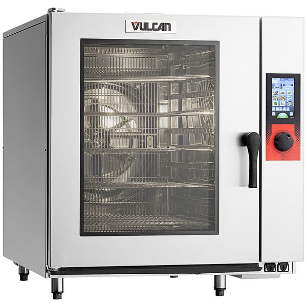 A Vulcan 10 pan full size electric boilerless combi oven with a glass door.