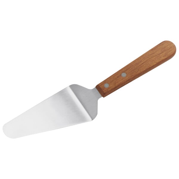 An American Metalcraft pie server with a wood handle.