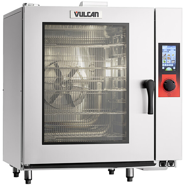 A Vulcan TCM-101G-NAT/LP boilerless gas combi oven with a glass door.