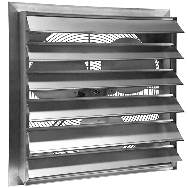 A metal shutter-mounted Canarm exhaust fan with four blades.