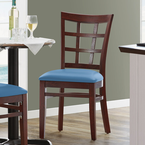 Lancaster Table & Seating Mahogany Finish Wooden Window Back Chair with Blue Padded Seat