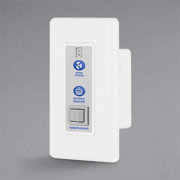 A white Canarm wall mounted switch with blue buttons.