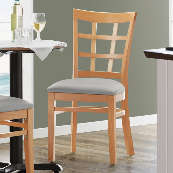 Lancaster Table & Seating Natural Finish Wooden Window Back Chair with Light Gray Padded Seat