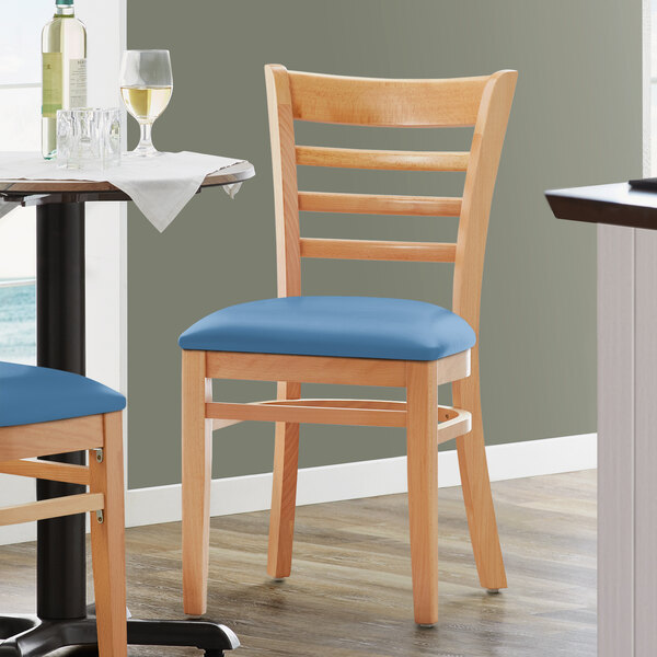 Lancaster Table & Seating Natural Finish Wooden Ladder Back Chair with Blue Padded Seat