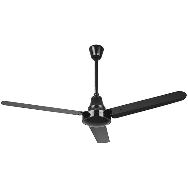 A black Canarm industrial ceiling fan with three blades.