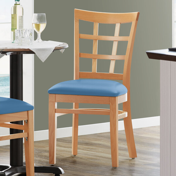Lancaster Table & Seating Natural Finish Wooden Window Back Chair with Blue Padded Seat