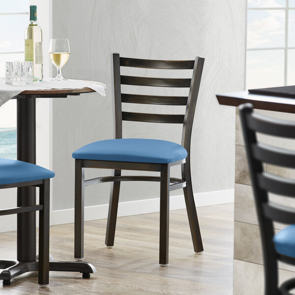 Lancaster Table & Seating Distressed Copper Finish Ladder Back Chair with 2 1/2" Blue Vinyl Padded Seat