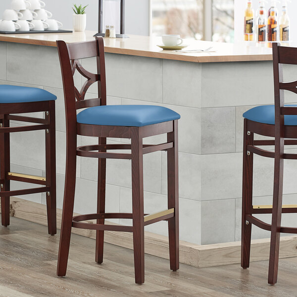 Lancaster Table & Seating Mahogany Finish Wooden Diamond Back Bar Height Chair with Blue Padded Seat