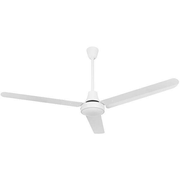 A white Canarm industrial ceiling fan with three blades.