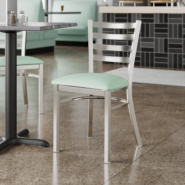 Lancaster Table & Seating Clear Coat Finish Ladder Back Chair with 2 1/2" Seafoam Vinyl Padded Seat - Detached